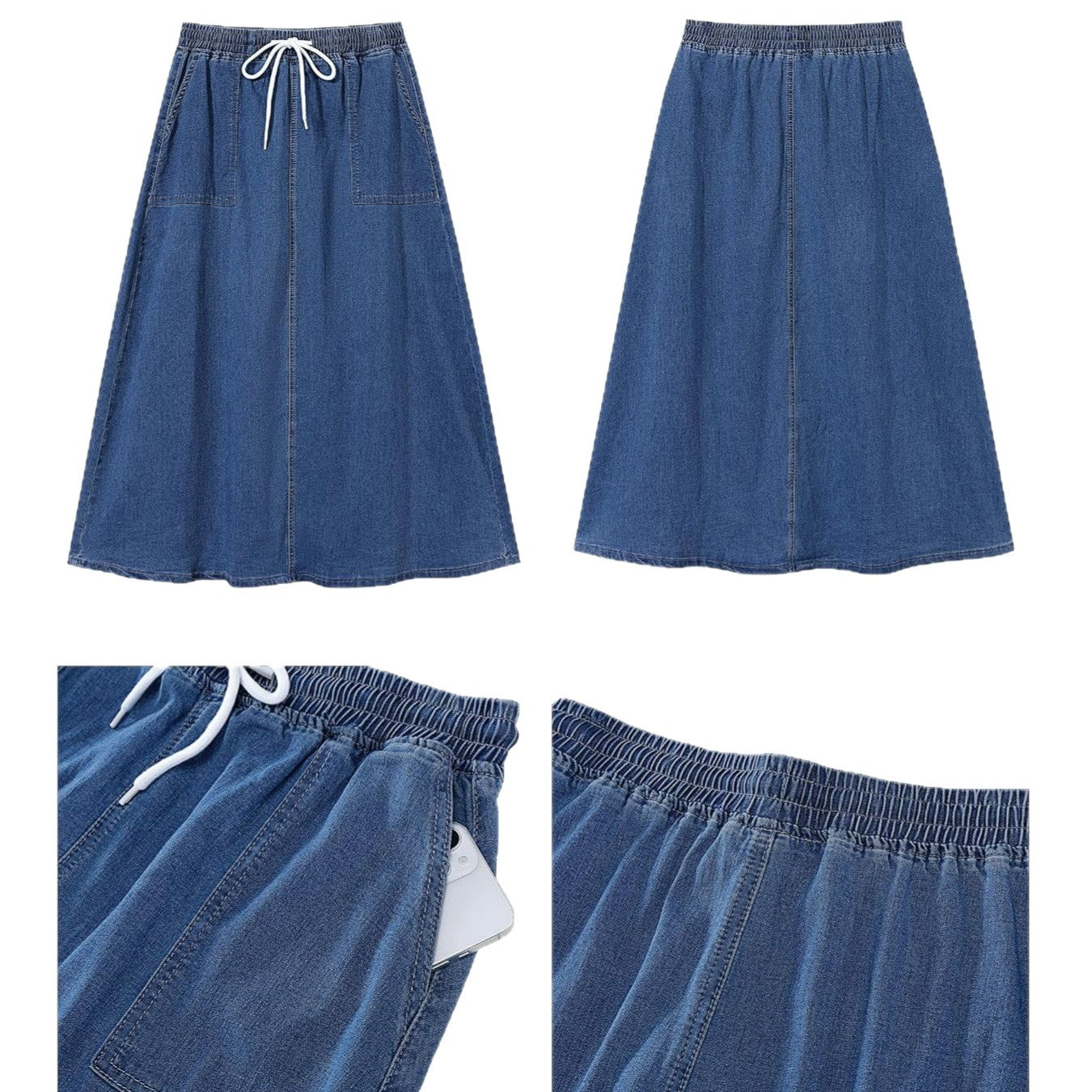 Womens Solid-Color Casual Drawstring Washed Denim Skirt