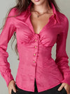 Collared Deep V-neck Button-up Slim Fit Long Sleeve Shirt Top