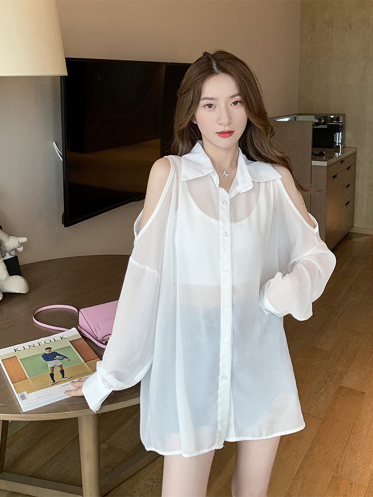 Womens Solid-Color Sun-Protective Off-Shoulder Shirt