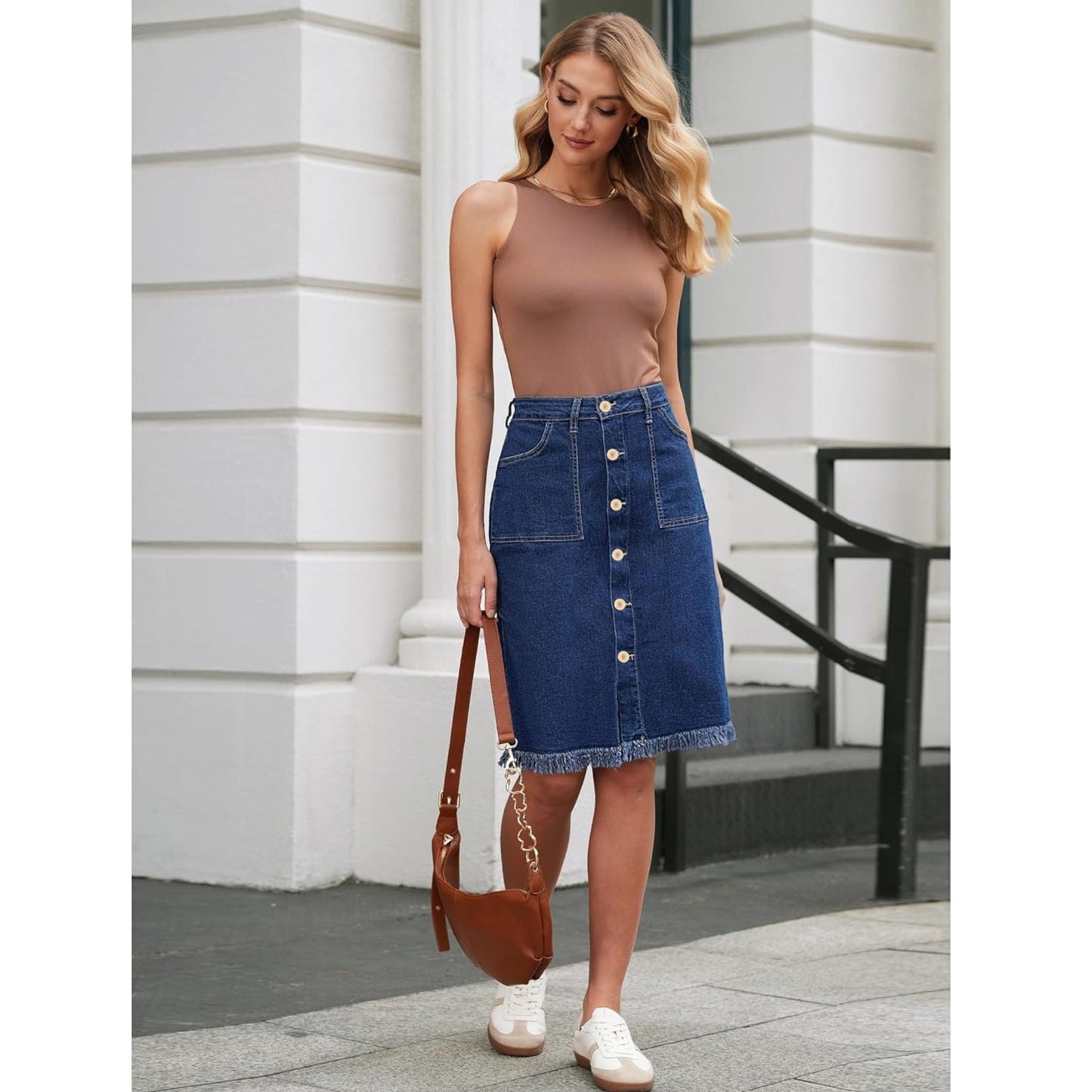 Womens Solid-Color Raw-Hem Elegant Stylish Stretch Denim Skirt