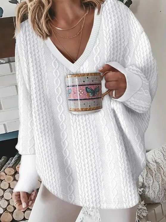 Long Sleeved V-neck Solid Color Knitted Sweater Sweatshirt