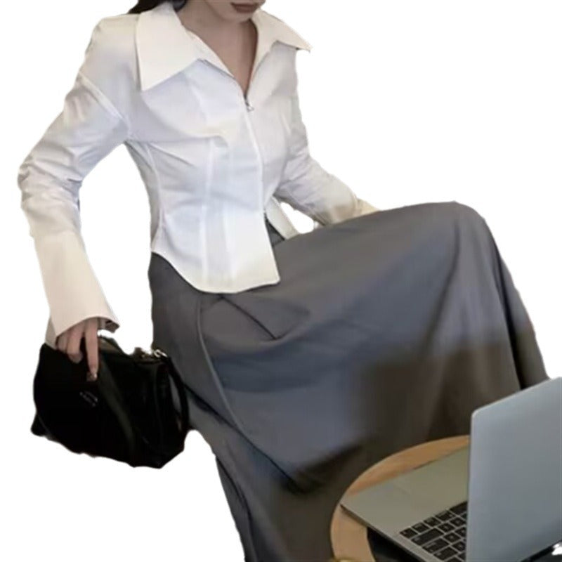 Pure And Alluring Long-sleeve Shirt With A Notched Collar And Side Slits