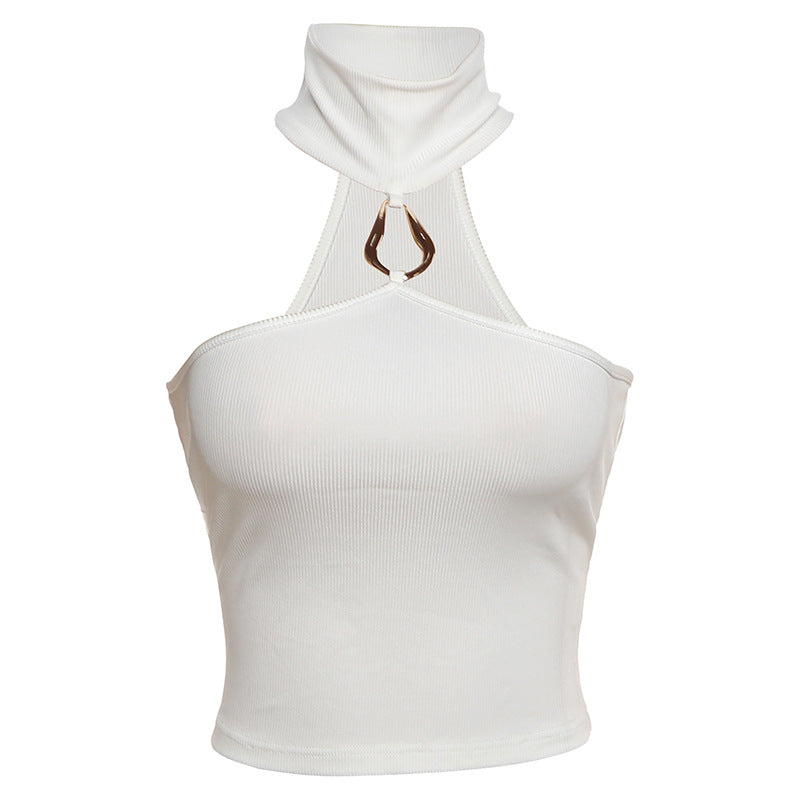 Women's Solid Color Slim Fit Crop Top With Halter Neck