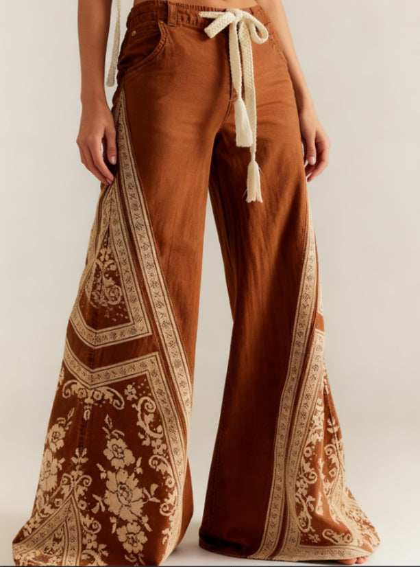 Women's Retro Patchwork Wide-Leg Pants, High-Waisted Drape Flared Pants, Ethnic Style Tie Casual Pants