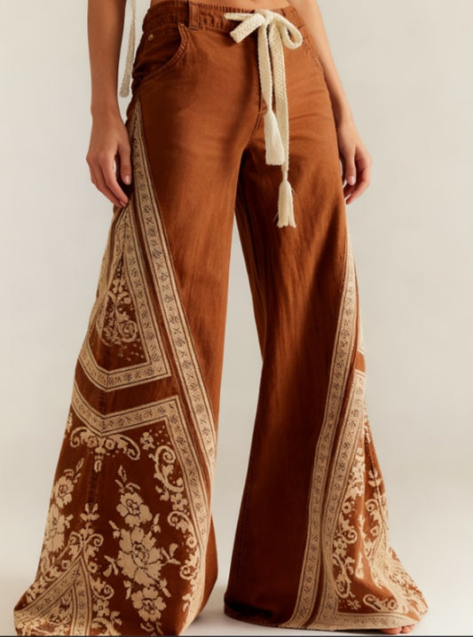 Women's Retro Patchwork Wide-Leg Pants, High-Waisted Drape Flared Pants, Ethnic Style Tie Casual Pants