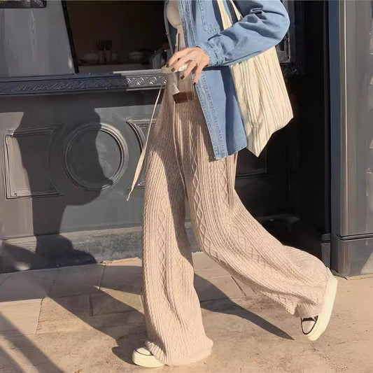 Womens Retro Cable-Knit Knit Floor-Length Wide-Leg Straight Pants