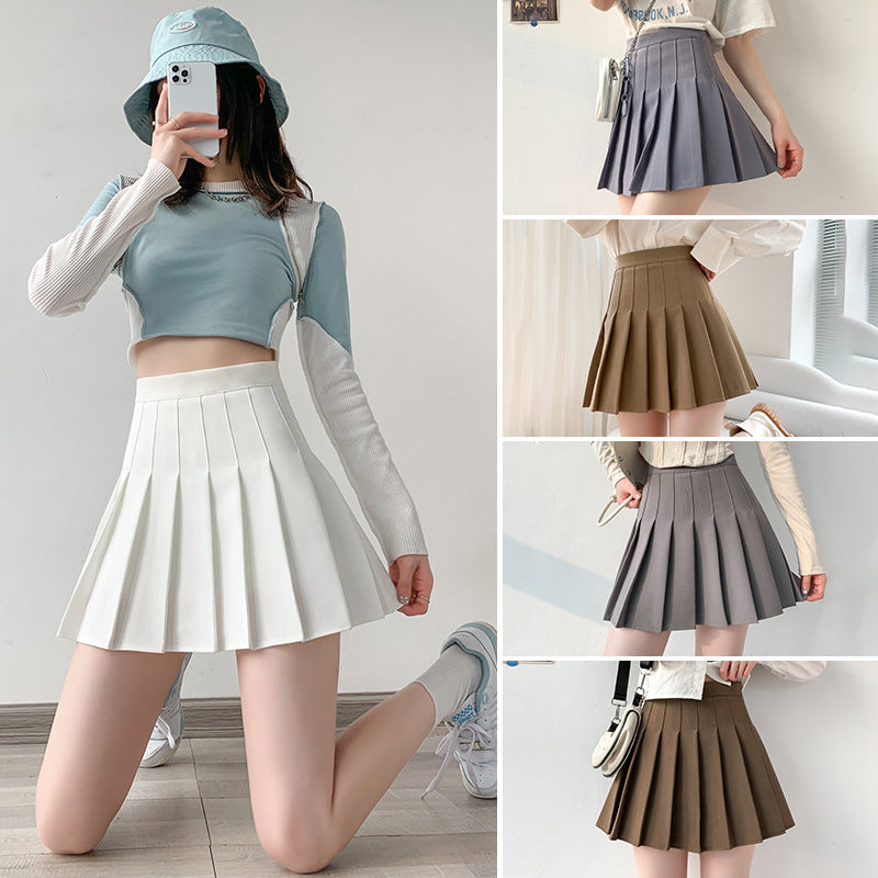 Womens Solid-Color Korean-Style High-Waisted Pleated Skirt