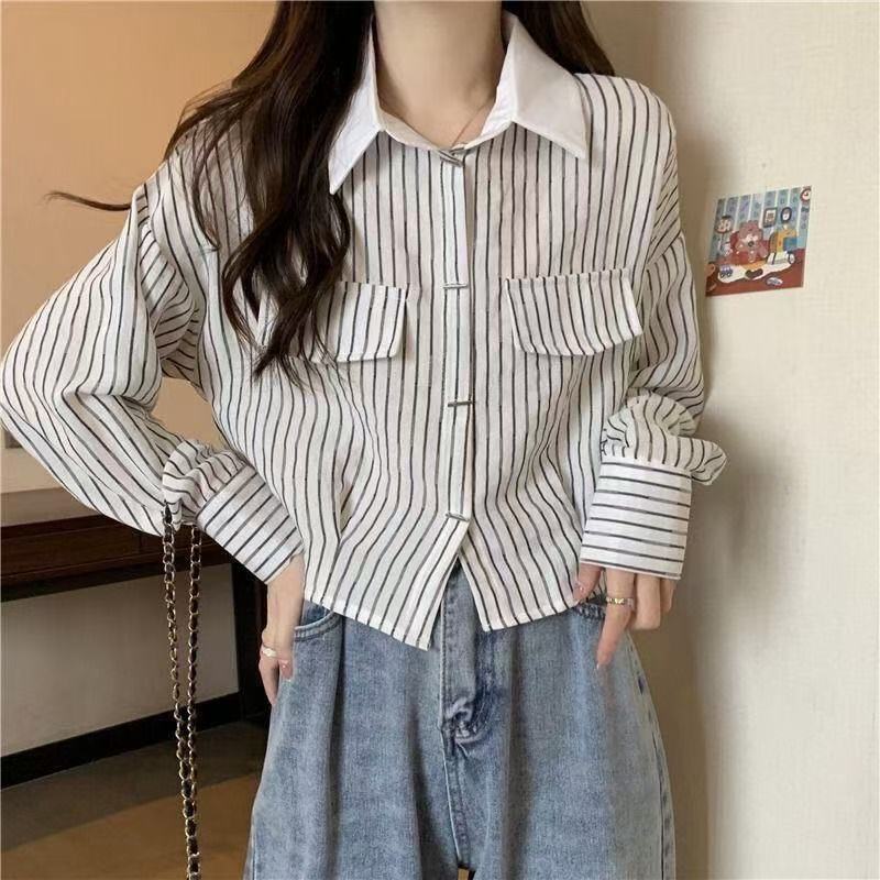 Short-stature Womens Casual Long-sleeve Striped Shirt