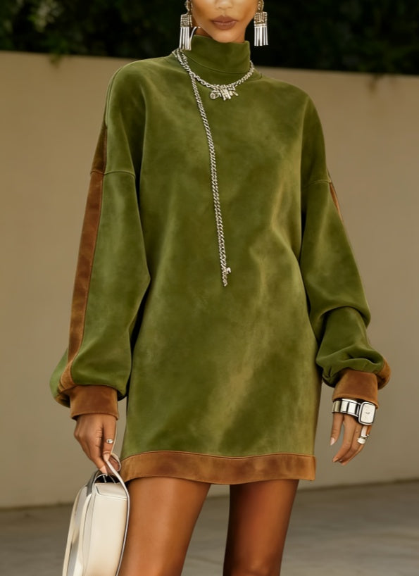 High-neck Contrast Color Velvet Patchwork Sweatshirt Dress