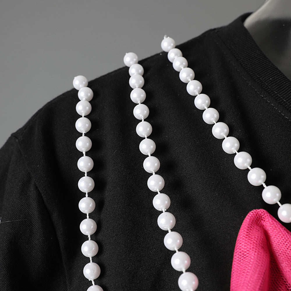 Women's Loose Pullover Top With Pearl Chain