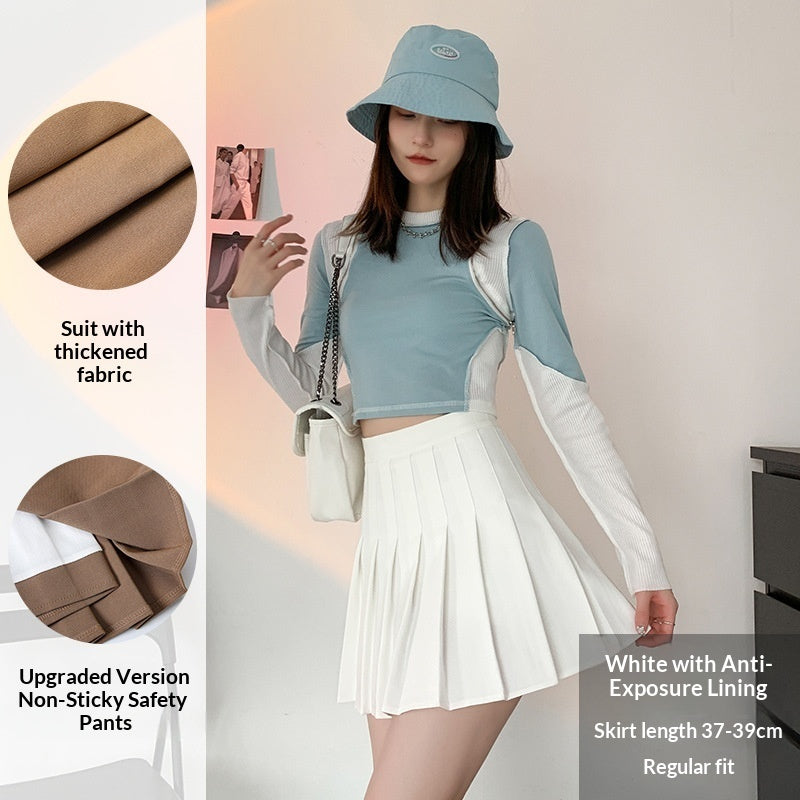 Womens Solid-Color Korean-Style High-Waisted Pleated Skirt