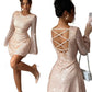 Body Hugging Backless Strap Detail Sequin Long Sleeve Dress