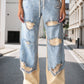 New Fashionable Women's Street Style Stitching Pants, Trendy Ins-worthy Beggar Style Ripped Jeans, Suitable For All Seasons
