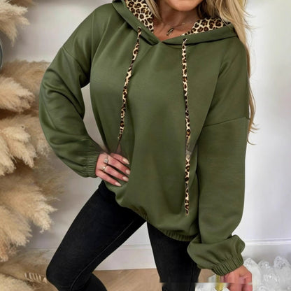 Solid-color Side-panel Leopard-print Patchwork Hooded Long-sleeve Sweatshirt