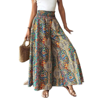 New Summer Printed High-Waisted Bohemian Wide-Leg Culottes In A Vacation Style