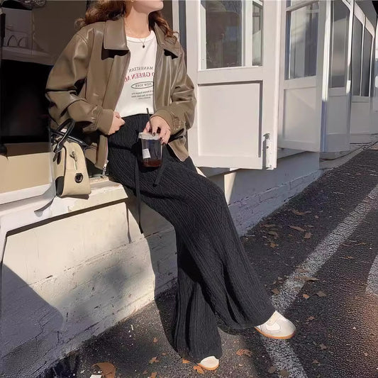 Womens Retro Cable-Knit Knit Floor-Length Wide-Leg Straight Pants