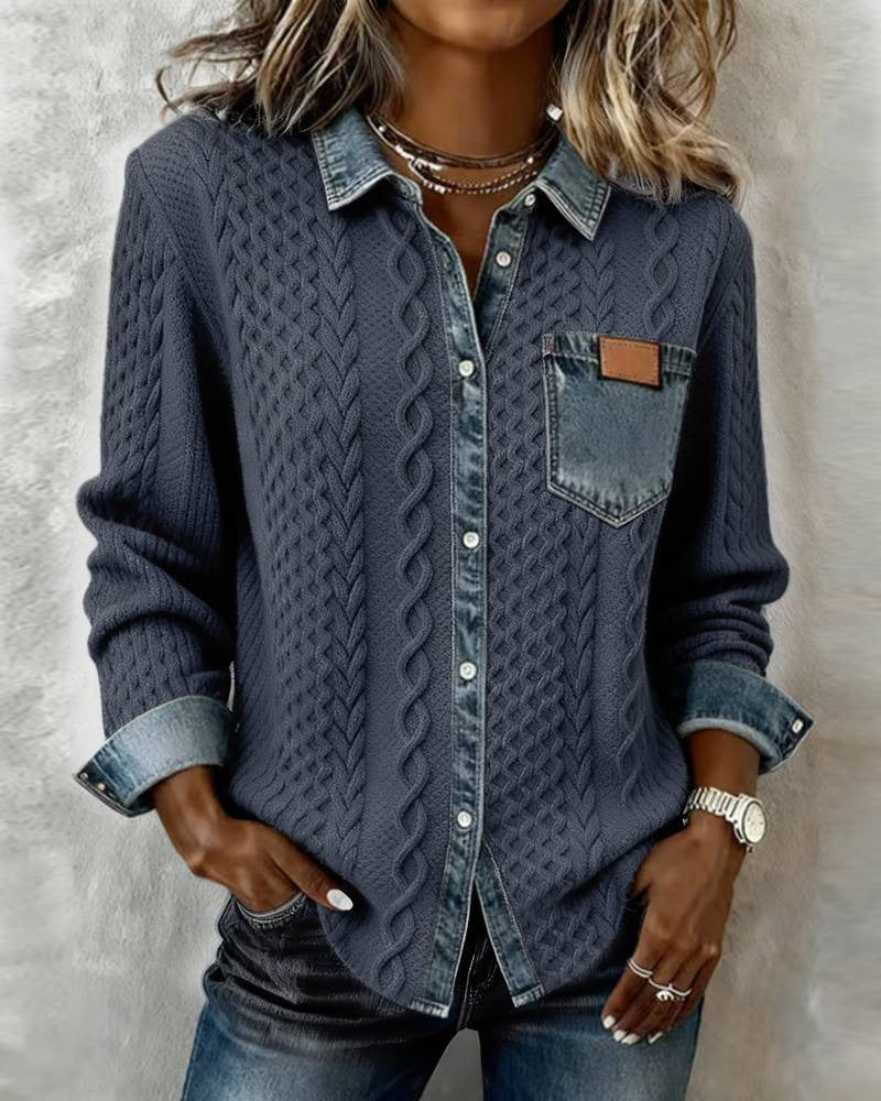 Stylish, Versatile Knitted Patchwork Denim Shirt For Women