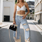 New Fashionable Women's Street Style Stitching Pants, Trendy Ins-worthy Beggar Style Ripped Jeans, Suitable For All Seasons