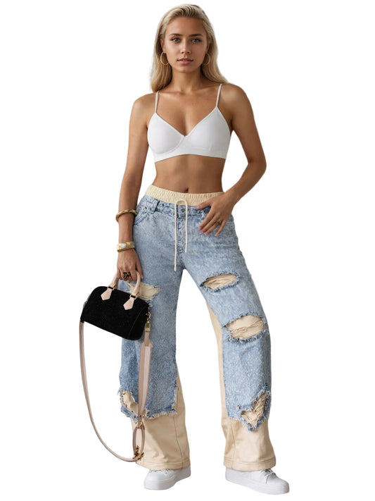 New Fashionable Women's Street Style Stitching Pants, Trendy Ins-worthy Beggar Style Ripped Jeans, Suitable For All Seasons