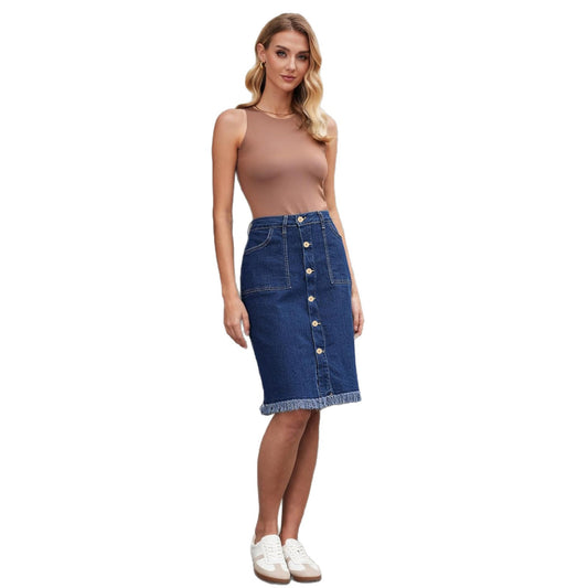 Womens Solid-Color Raw-Hem Elegant Stylish Stretch Denim Skirt