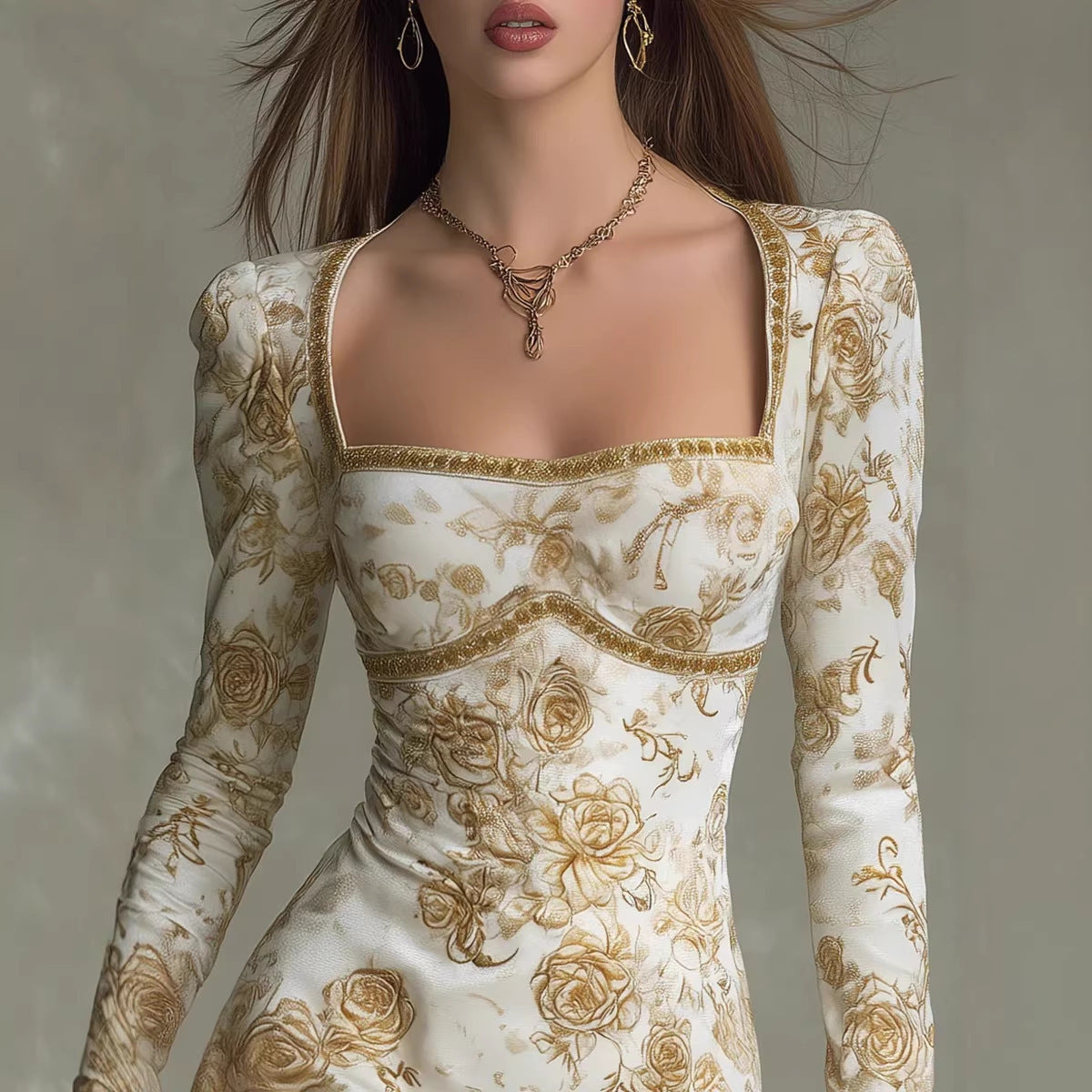 Positioning Printed Bubble Sleeves Slim Fit A-line Skirt