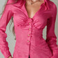 Collared Deep V-neck Button-up Slim Fit Long Sleeve Shirt Top