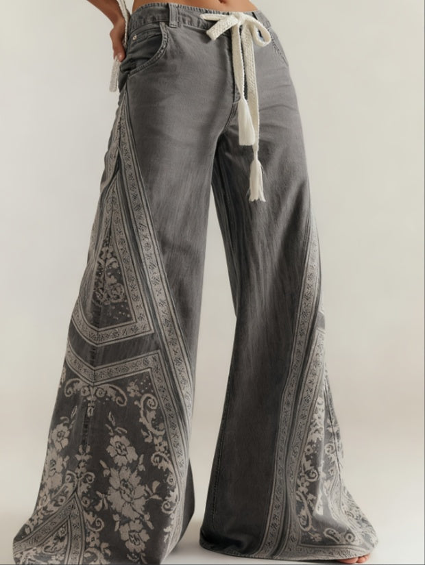 Women's Retro Patchwork Wide-Leg Pants, High-Waisted Drape Flared Pants, Ethnic Style Tie Casual Pants