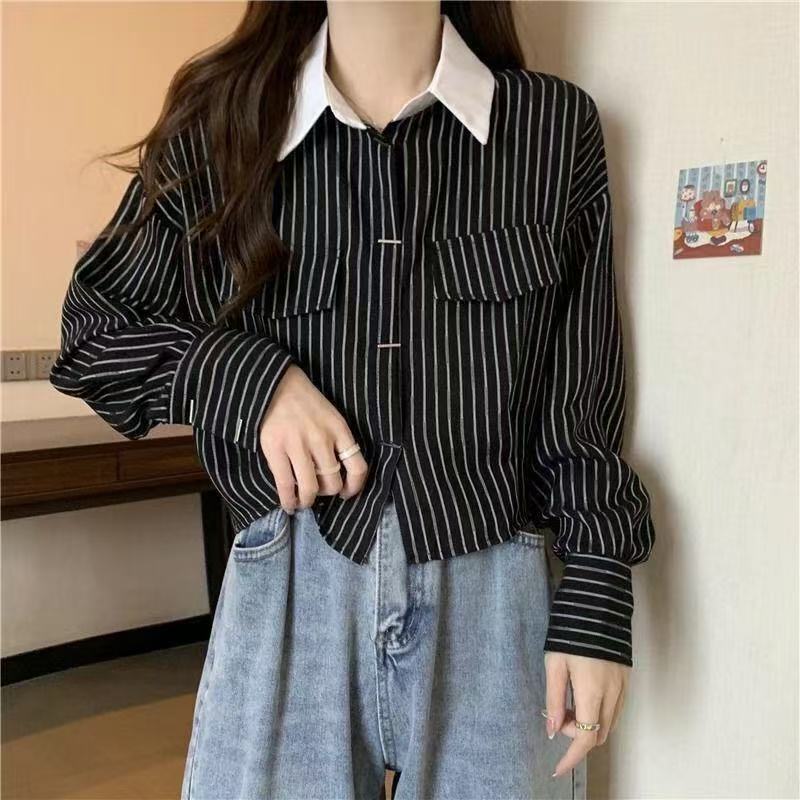 Short-stature Womens Casual Long-sleeve Striped Shirt