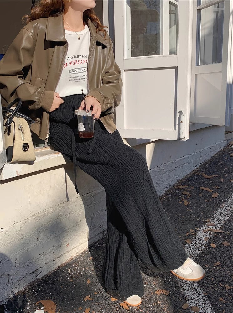Womens Retro Cable-Knit Knit Floor-Length Wide-Leg Straight Pants