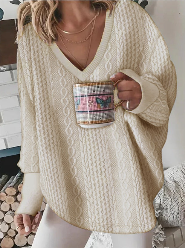 Long Sleeved V-neck Solid Color Knitted Sweater Sweatshirt