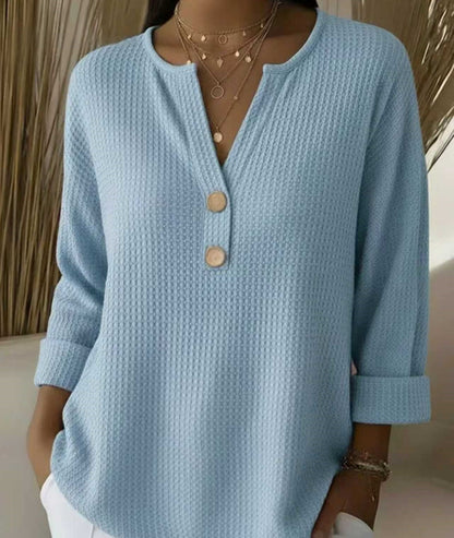 Womens Loose-fit Waffle-knit Long-sleeve V-neck Top