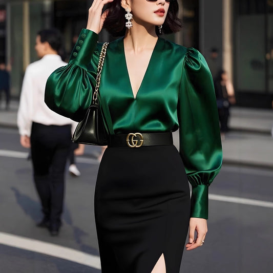 Womens Solid-Color V-Neck Silk Satin Long-Sleeve Shirt