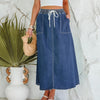 Womens Solid-Color Casual Drawstring Washed Denim Skirt