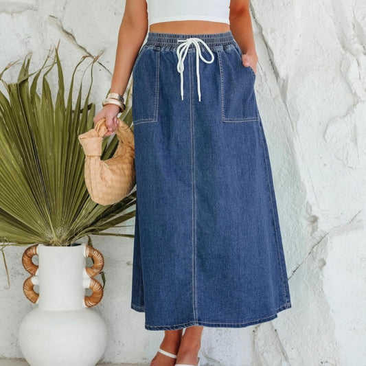Womens Solid-Color Casual Drawstring Washed Denim Skirt