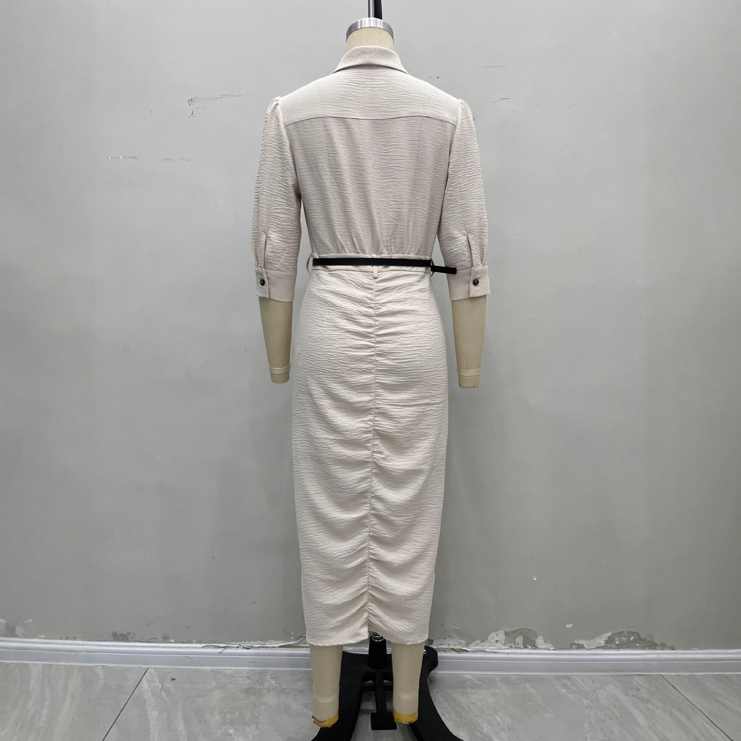 Fashionable Short-Sleeve Belted Pleated Shirt Dress