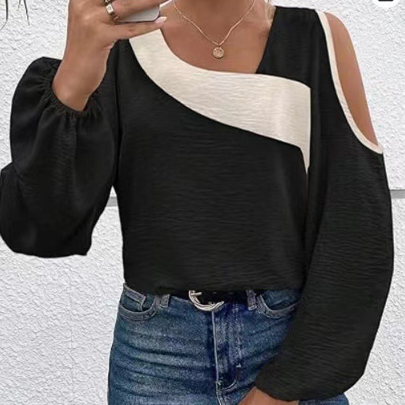 Women's Cold Shoulder Color Block Long Sleeve Tee Shirt Casual Going Out Top