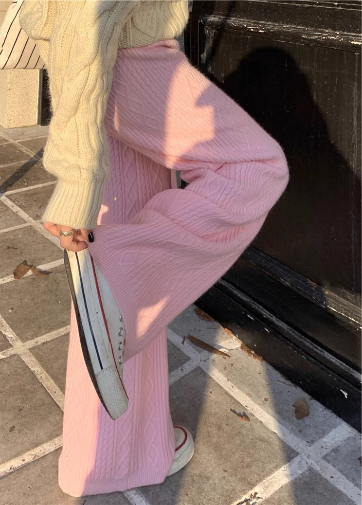 Womens Retro Cable-Knit Knit Floor-Length Wide-Leg Straight Pants