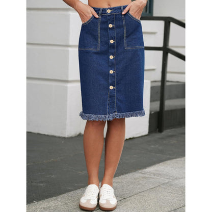 Womens Solid-Color Raw-Hem Elegant Stylish Stretch Denim Skirt