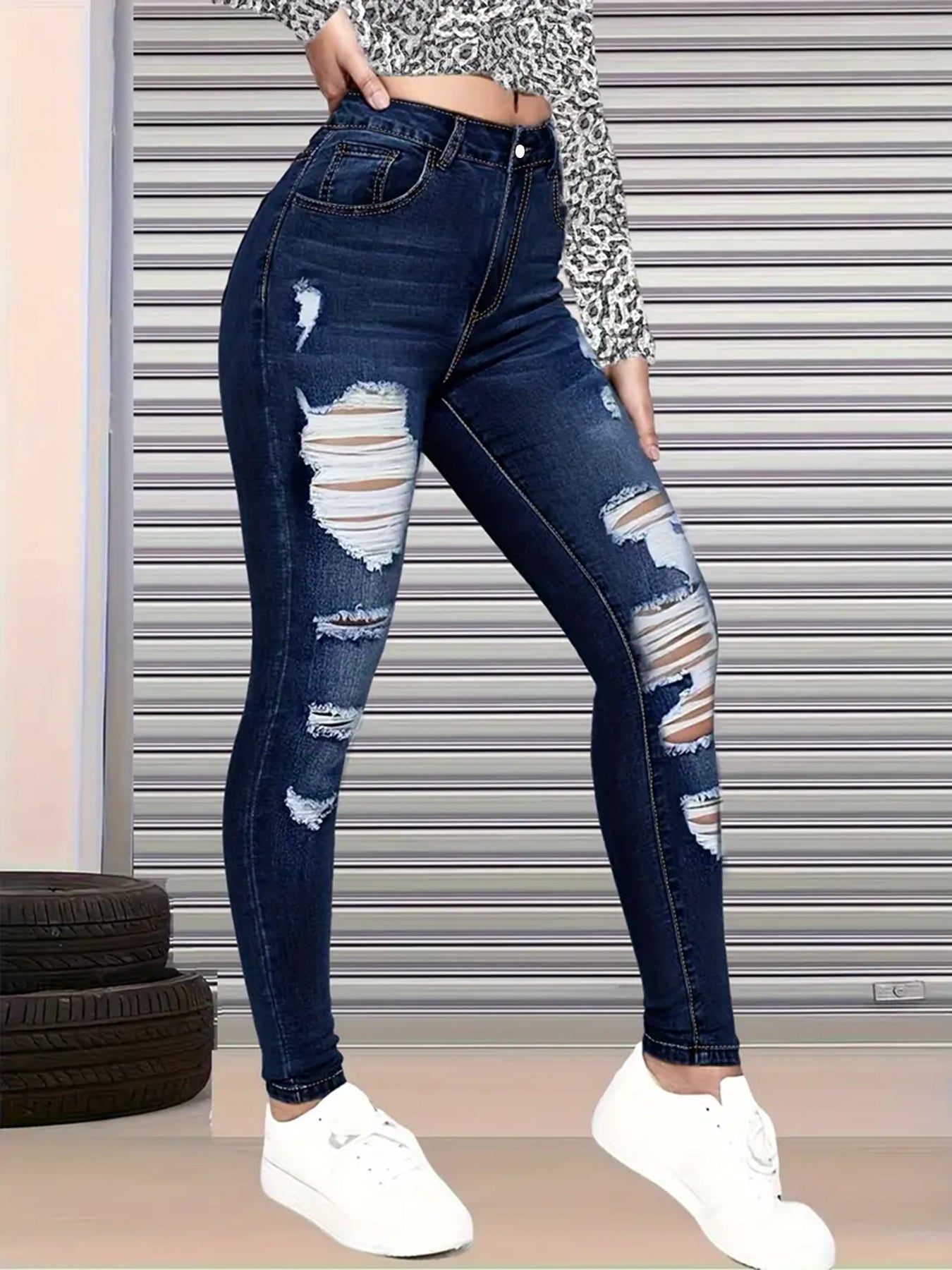 New High Waisted, Hip Lifted, Tight Fitting Women's Jeans With A Ripped Nine Quarter Cut, Suitable For Minimalist Fashion In Summer