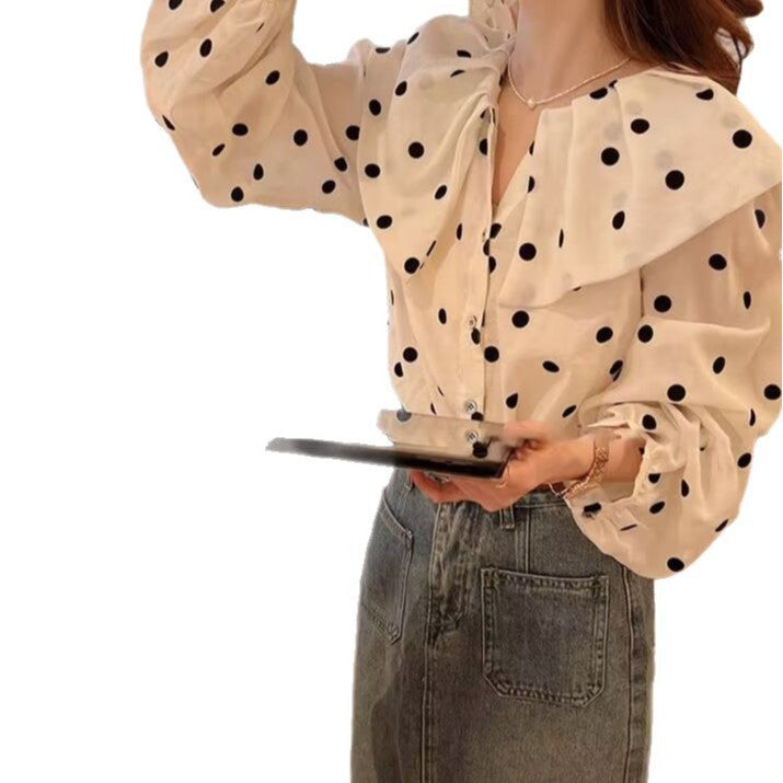 Womens Relaxed-fit Polka-dot Single-breasted Casual Shirt