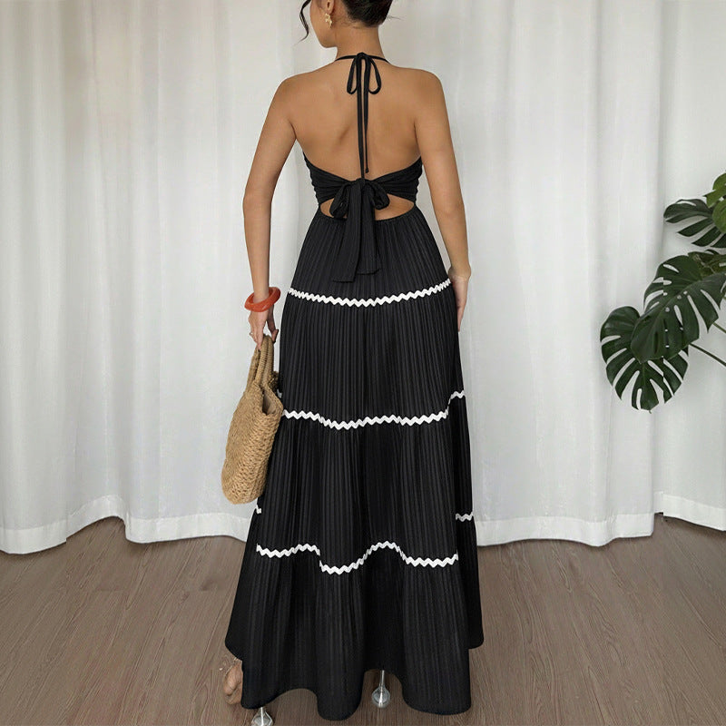 Womens Sleeveless V-Neck Halter Maxi Dress