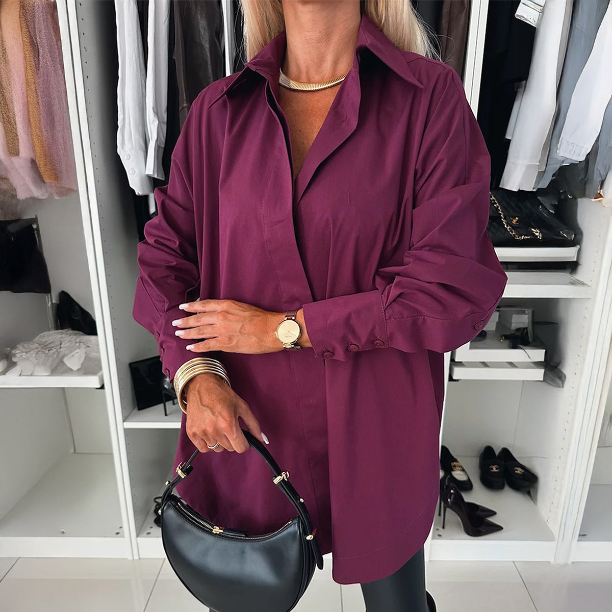 Solid-color Button-down Long-sleeve Versatile Chic Work Shirt