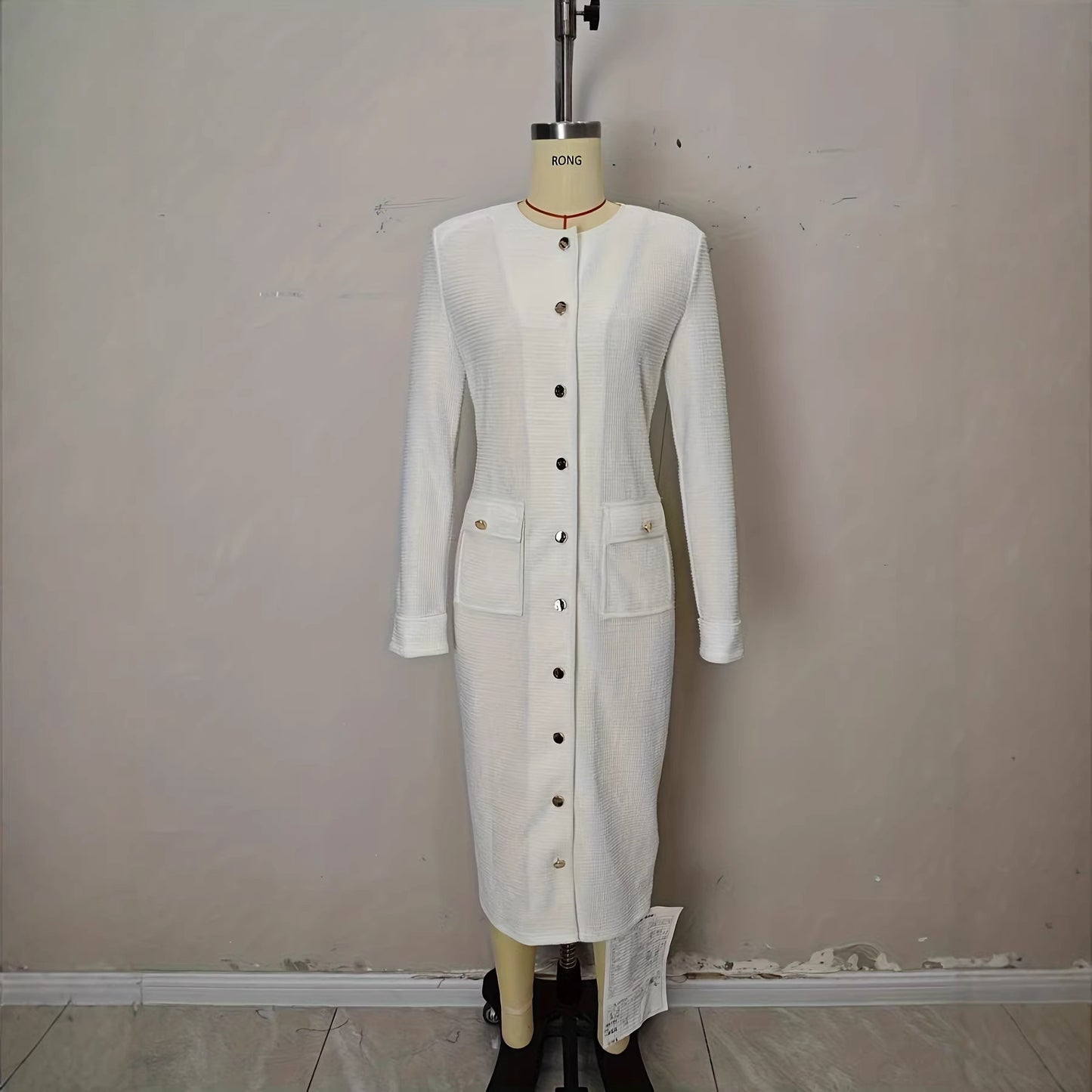Elegant Off-white Tweed Long-sleeve Dress From Europe And The US