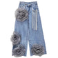 High-waisted Denim Jeans With Three-dimensional Flower Bead Chains