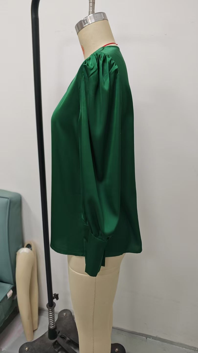 Womens Solid-Color V-Neck Silk Satin Long-Sleeve Shirt