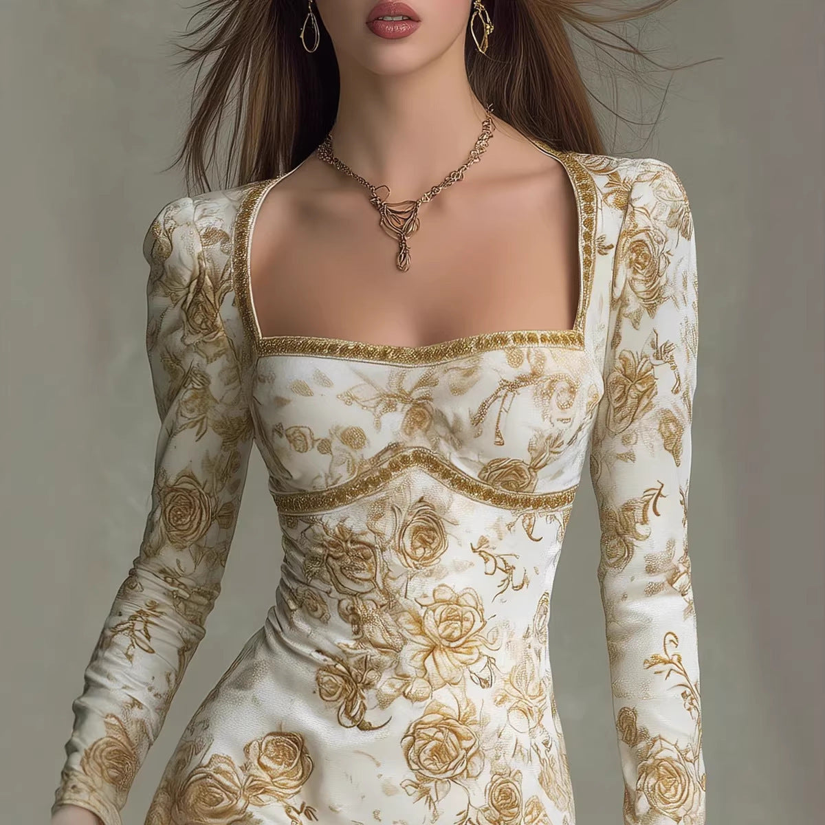 Positioning Printed Bubble Sleeves Slim Fit A-line Skirt