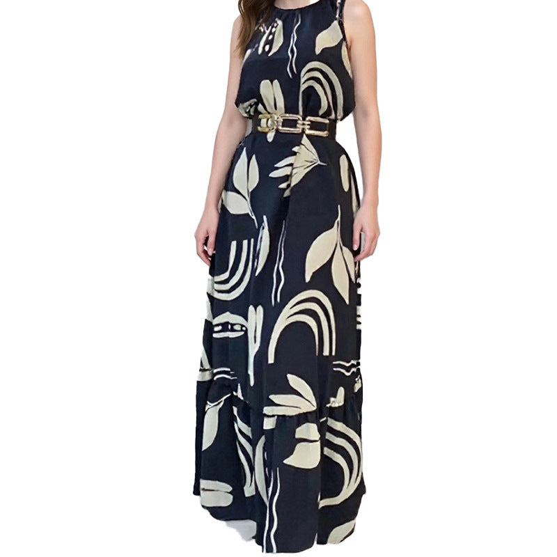 Printed Neck Hanging Sleeveless Waist Cinching Slim Fit Dress