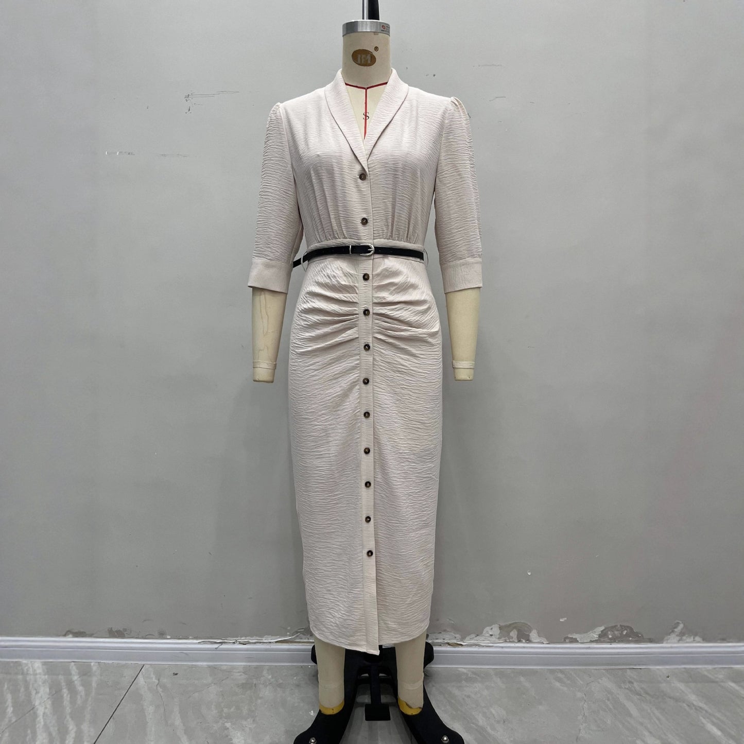 Fashionable Short-Sleeve Belted Pleated Shirt Dress