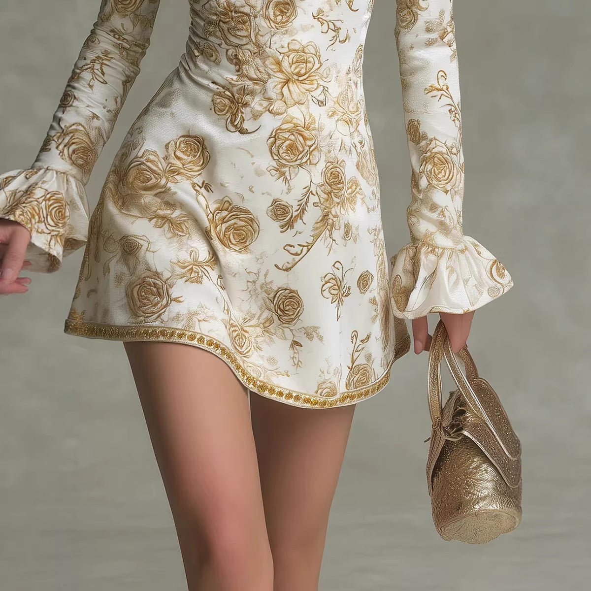 Positioning Printed Bubble Sleeves Slim Fit A-line Skirt