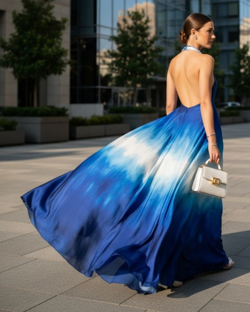 Ombre Halter Backless Maxi Dress-Elegant Blue Gradient Evening Gown